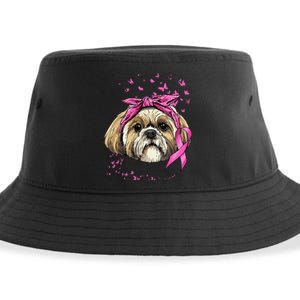 Breast Cancer Awareness Shih Tzu Dog Pink Ribbon Survivor Sustainable Bucket Hat