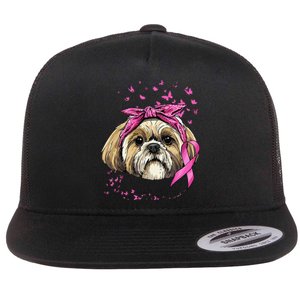 Breast Cancer Awareness Shih Tzu Dog Pink Ribbon Survivor Flat Bill Trucker Hat