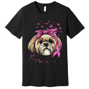 Breast Cancer Awareness Shih Tzu Dog Pink Ribbon Survivor Premium T-Shirt