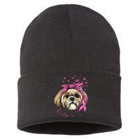 Breast Cancer Awareness Shih Tzu Dog Pink Ribbon Survivor Sustainable Knit Beanie