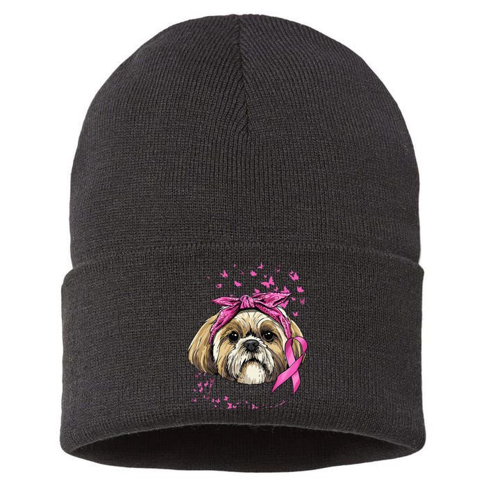 Breast Cancer Awareness Shih Tzu Dog Pink Ribbon Survivor Sustainable Knit Beanie