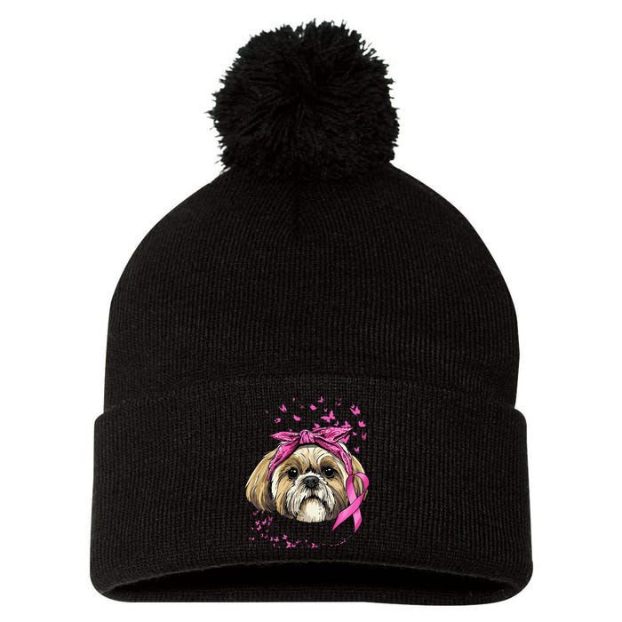 Breast Cancer Awareness Shih Tzu Dog Pink Ribbon Survivor Pom Pom 12in Knit Beanie