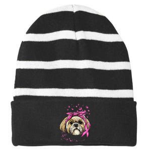 Breast Cancer Awareness Shih Tzu Dog Pink Ribbon Survivor Striped Beanie with Solid Band