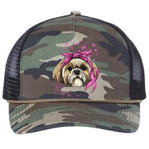 Breast Cancer Awareness Shih Tzu Dog Pink Ribbon Survivor Retro Rope Trucker Hat Cap