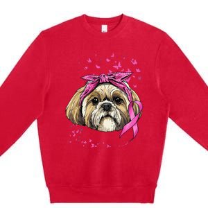 Breast Cancer Awareness Shih Tzu Dog Pink Ribbon Survivor Premium Crewneck Sweatshirt