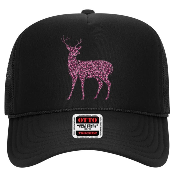 Breast Cancer Awareness Pink Ribbon Survivor Deer High Crown Mesh Back Trucker Hat