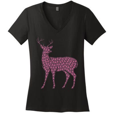 Breast Cancer Awareness Pink Ribbon Survivor Deer Women's V-Neck T-Shirt