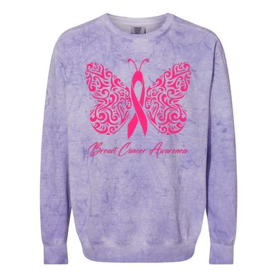 Breast Cancer Awareness Pink Butterfly Ribbon Colorblast Crewneck Sweatshirt