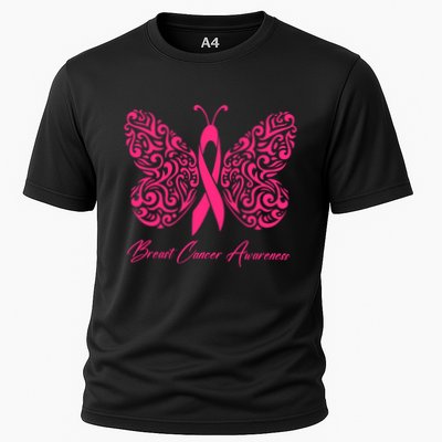 Breast Cancer Awareness Pink Butterfly Ribbon Cooling Performance Crew T-Shirt