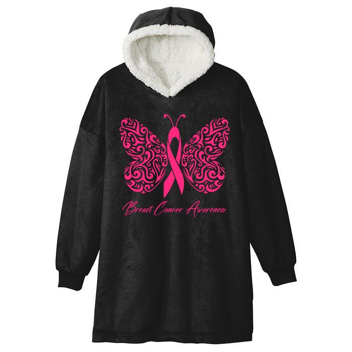 Breast Cancer Awareness Pink Butterfly Ribbon Hooded Wearable Blanket