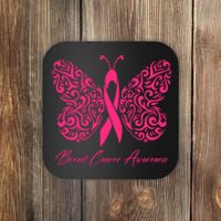 Breast Cancer Awareness Pink Butterfly Ribbon Coaster