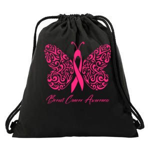 Breast Cancer Awareness Pink Butterfly Ribbon Drawstring Bag