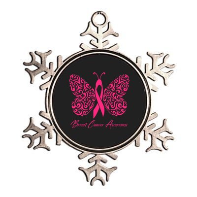 Breast Cancer Awareness Pink Butterfly Ribbon Metallic Star Ornament