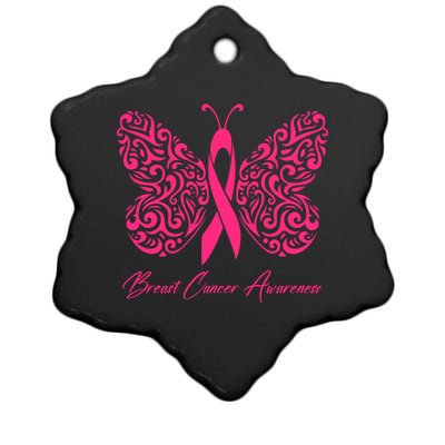 Breast Cancer Awareness Pink Butterfly Ribbon Ceramic Star Ornament