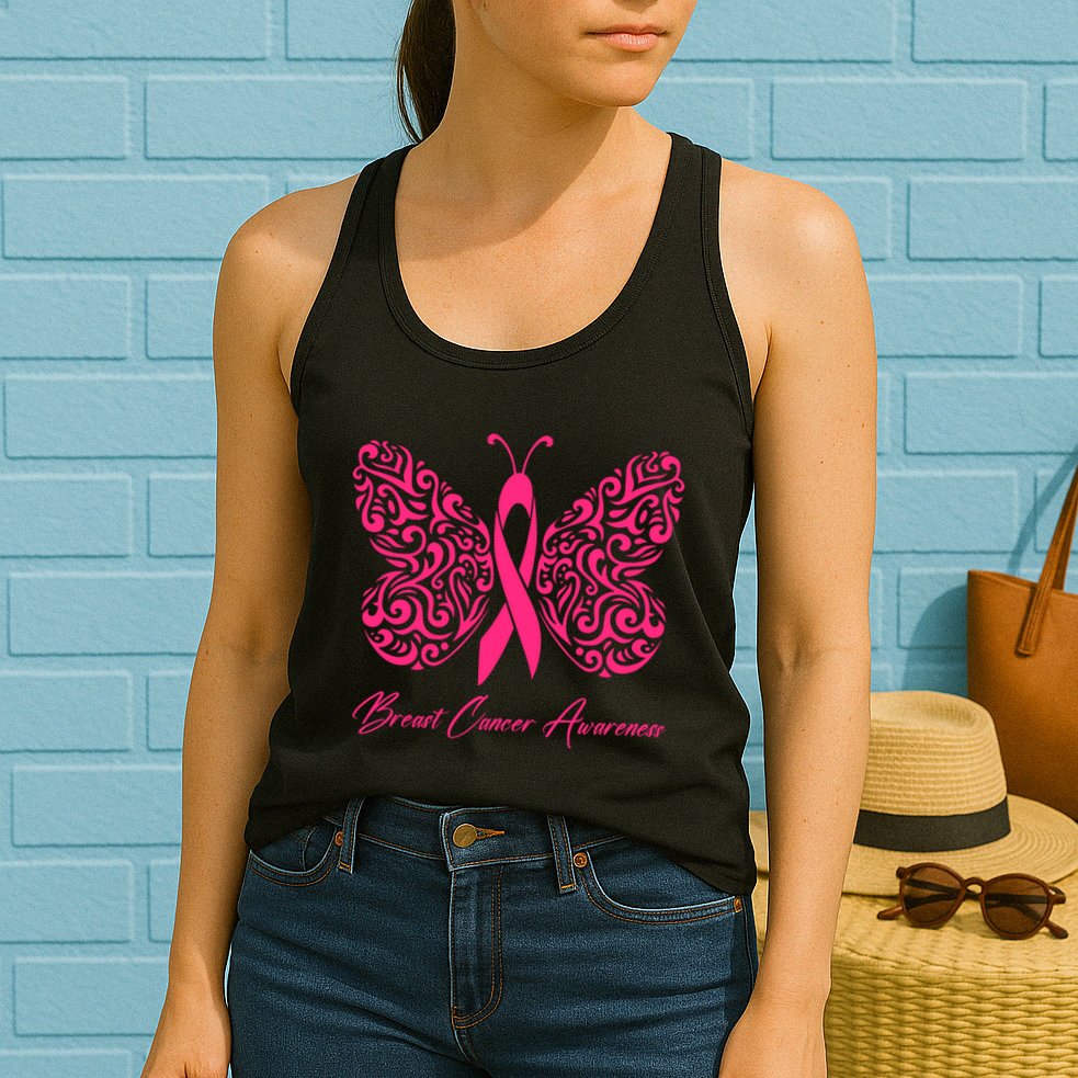 Breast Cancer Awareness Pink Butterfly Ribbon Womens Tank Top