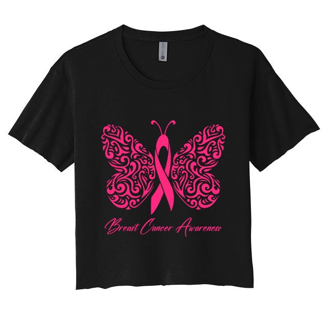 Breast Cancer Awareness Pink Butterfly Ribbon Crop Top