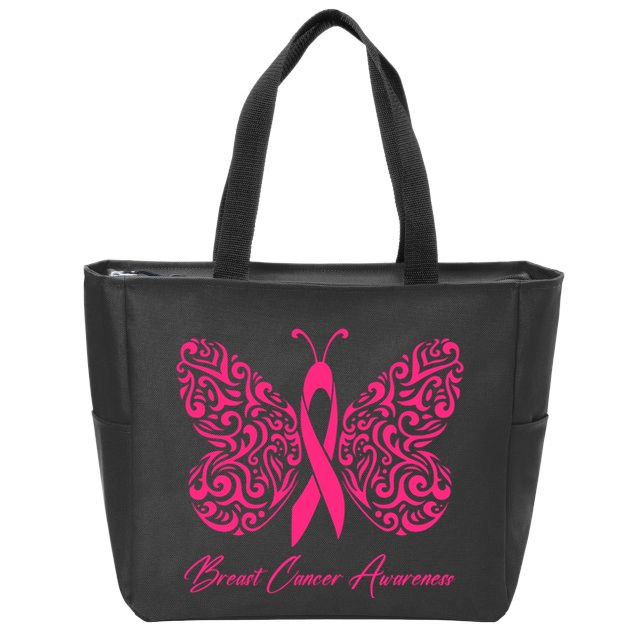 Breast Cancer Awareness Pink Butterfly Ribbon Zip Tote Bag