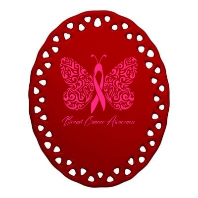 Breast Cancer Awareness Pink Butterfly Ribbon Ceramic Oval Ornament