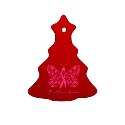 Breast Cancer Awareness Pink Butterfly Ribbon Ceramic Tree Ornament