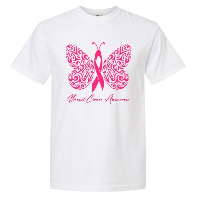 Breast Cancer Awareness Pink Butterfly Ribbon Garment-Dyed Heavyweight T-Shirt