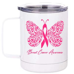 Breast Cancer Awareness Pink Butterfly Ribbon 12 oz Stainless Steel Tumbler Cup