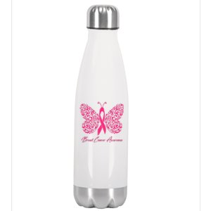 Breast Cancer Awareness Pink Butterfly Ribbon Stainless Steel Insulated Water Bottle