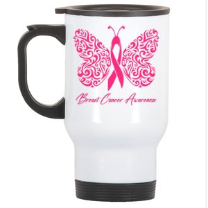 Breast Cancer Awareness Pink Butterfly Ribbon Stainless Steel Travel Mug