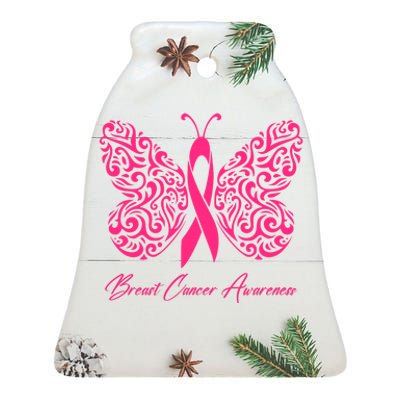 Breast Cancer Awareness Pink Butterfly Ribbon Ceramic Bell Ornament