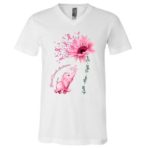 Breast Cancer Awareness Sunflower Elephant Pink Ribbon V-Neck T-Shirt