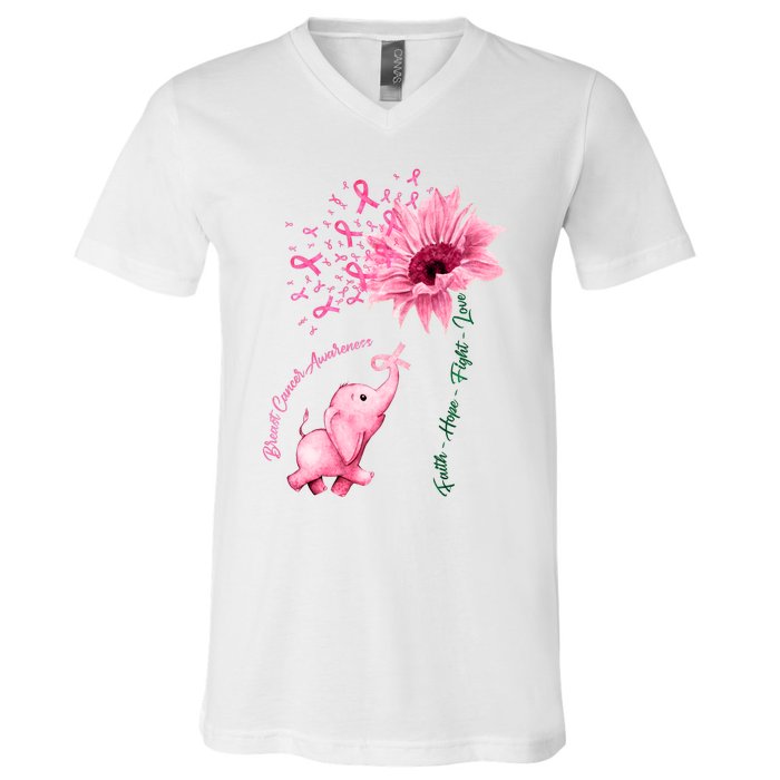 Breast Cancer Awareness Sunflower Elephant Pink Ribbon V-Neck T-Shirt