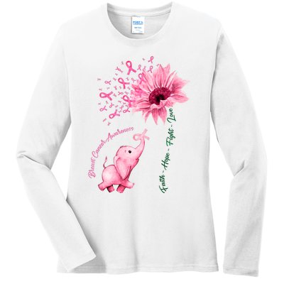 Breast Cancer Awareness Sunflower Elephant Pink Ribbon Ladies Long Sleeve Shirt