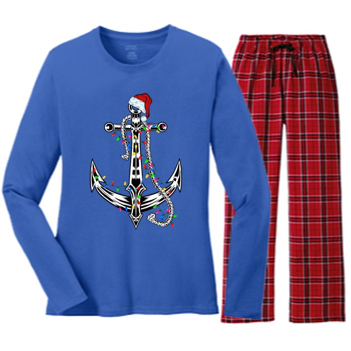 Boating Christmas Anchor Santa Lights Sailing Boat Sailor Gift Women's Long Sleeve Flannel Pajama Set 