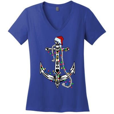 Boating Christmas Anchor Santa Lights Sailing Boat Sailor Gift Women's V-Neck T-Shirt