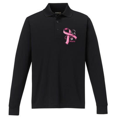 Breast Cancer Awareness Nurse Stethoscope Pink Ribbon Performance Long Sleeve Polo