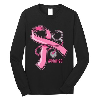 Breast Cancer Awareness Nurse Stethoscope Pink Ribbon Long Sleeve Shirt