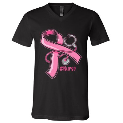 Breast Cancer Awareness Nurse Stethoscope Pink Ribbon V-Neck T-Shirt