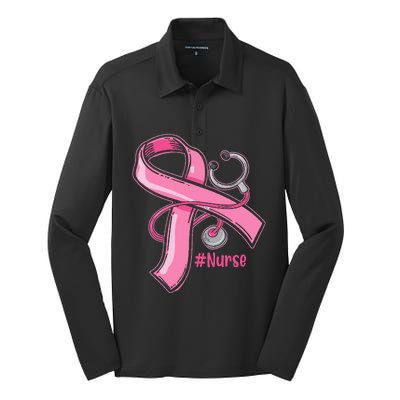 Breast Cancer Awareness Nurse Stethoscope Pink Ribbon Silk Touch Performance Long Sleeve Polo