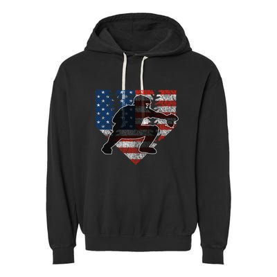 Baseball Catcher American Flag Home Plate Funny Gift Garment-Dyed Fleece Hoodie