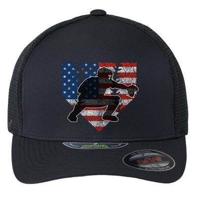Baseball Catcher American Flag Home Plate Funny Gift Flexfit Unipanel Trucker Cap