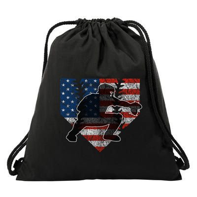 Baseball Catcher American Flag Home Plate Funny Gift Drawstring Bag