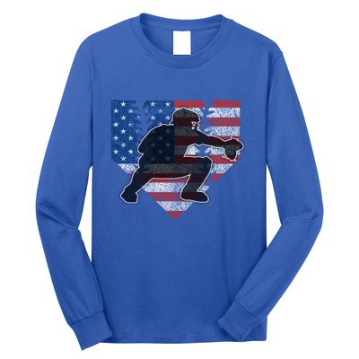 Baseball Catcher American Flag Home Plate Funny Gift Long Sleeve Shirt
