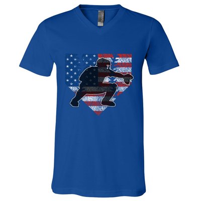 Baseball Catcher American Flag Home Plate Funny Gift V-Neck T-Shirt