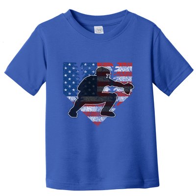 Baseball Catcher American Flag Home Plate Funny Gift Toddler T-Shirt