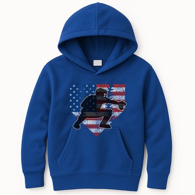 Baseball Catcher American Flag Home Plate Funny Gift Kids Hoodie