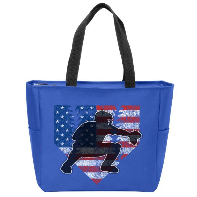 Baseball Catcher American Flag Home Plate Funny Gift Zip Tote Bag