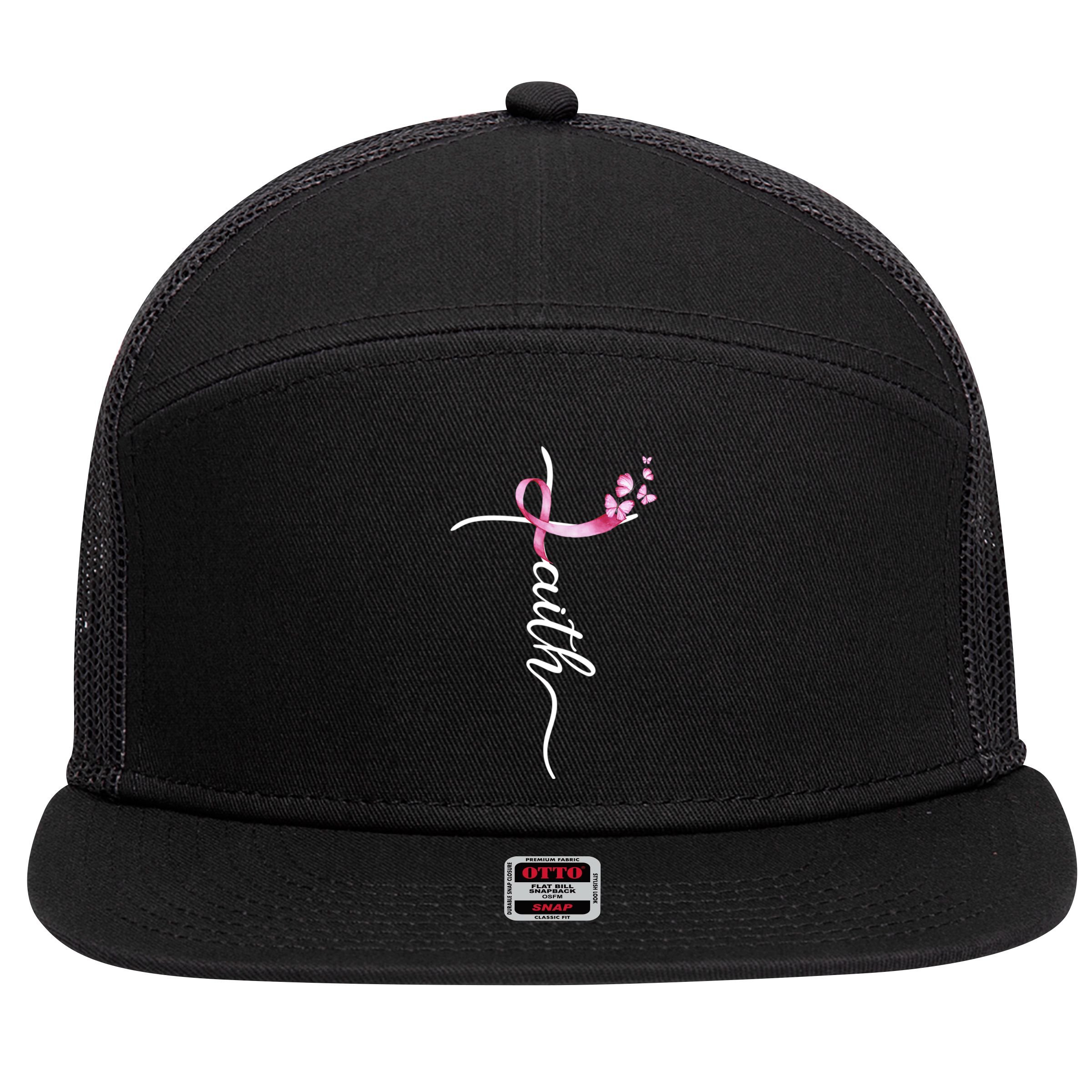Breast Cancer Awareness Faith Cross Pink Ribbon 7 Panel Mesh Trucker Snapback Hat