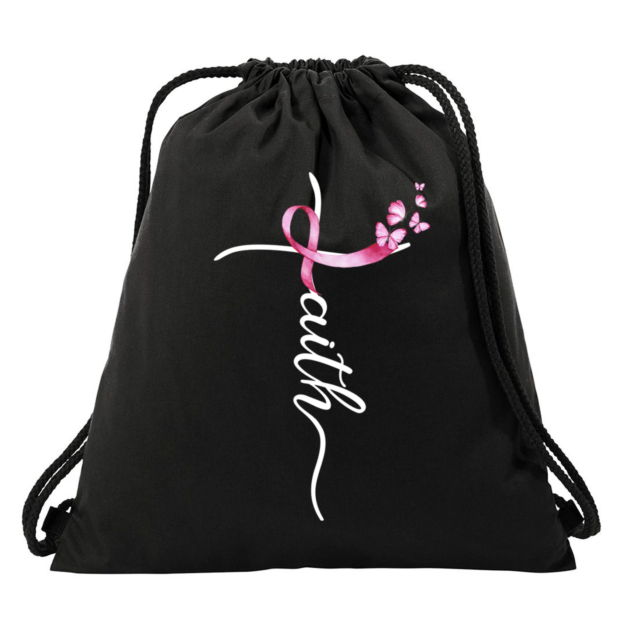 Breast Cancer Awareness Faith Cross Pink Ribbon Drawstring Bag