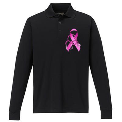 Breast Cancer Awareness Pink Ribbon Stethoscope Performance Long Sleeve Polo