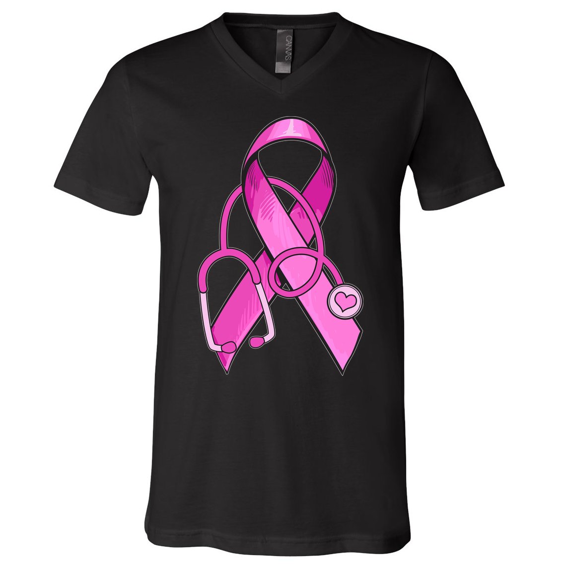 Breast Cancer Awareness Pink Ribbon Stethoscope V-Neck T-Shirt