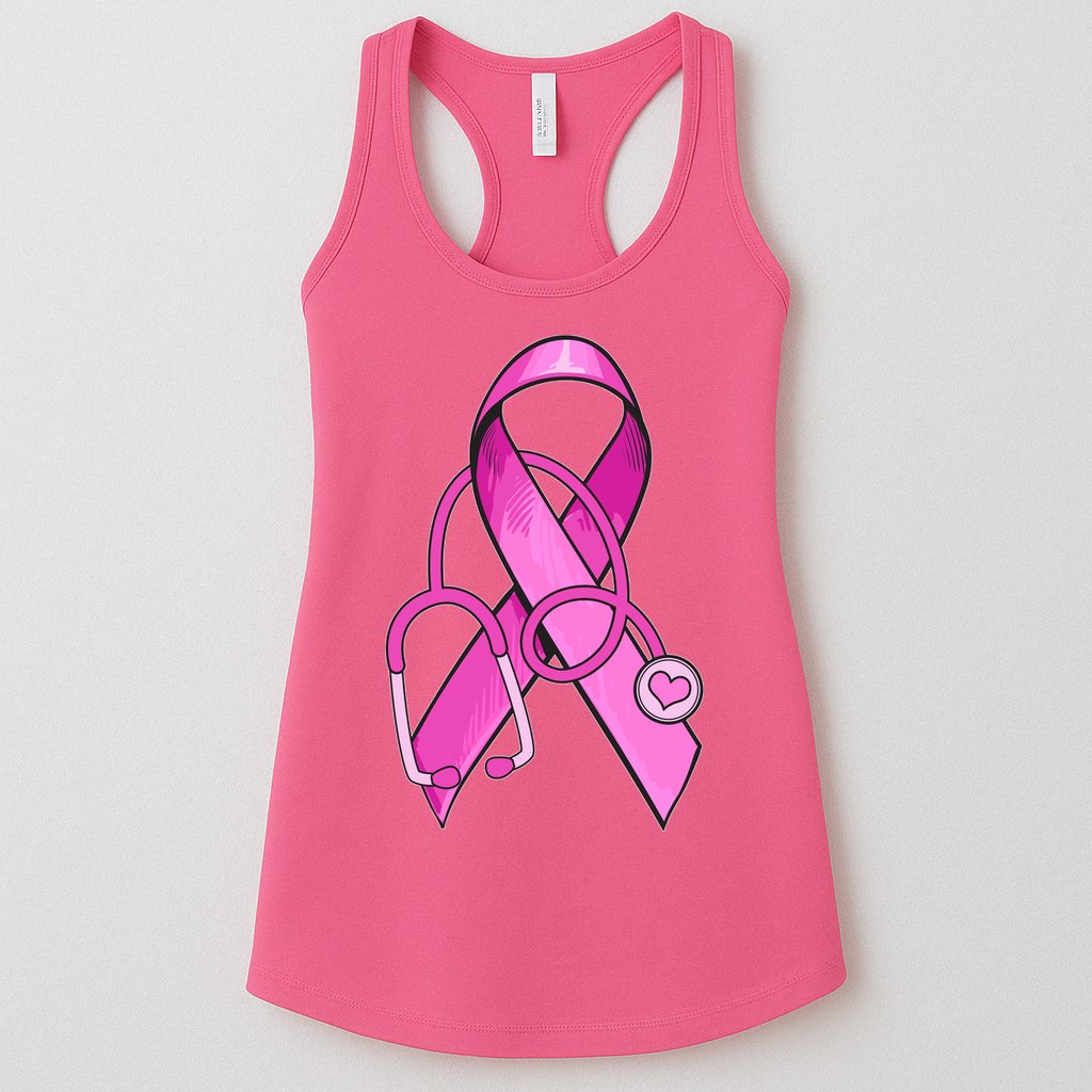 Breast Cancer Awareness Pink Ribbon Stethoscope Womens Tank Top